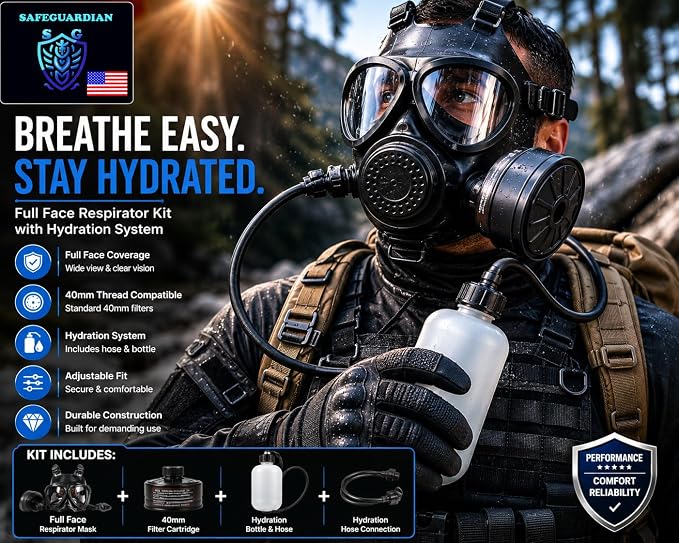 Full Face Respirator Mask with 40mm Filter & Hydration Kit