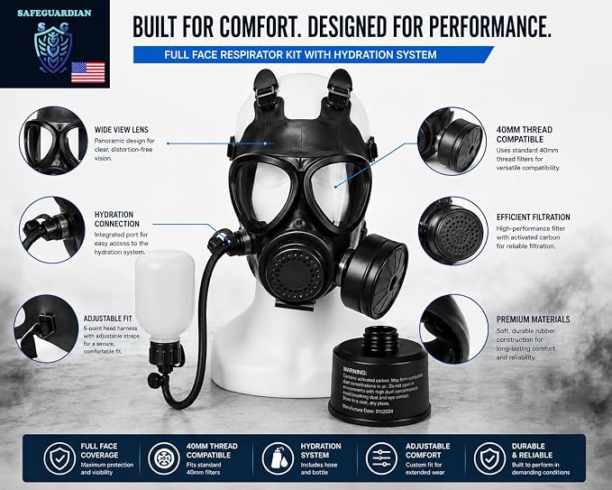 Full Face Respirator Mask with 40mm Filter & Hydration Kit