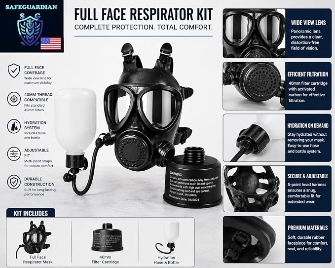 Full Face Respirator Mask with 40mm Filter & Hydration Kit