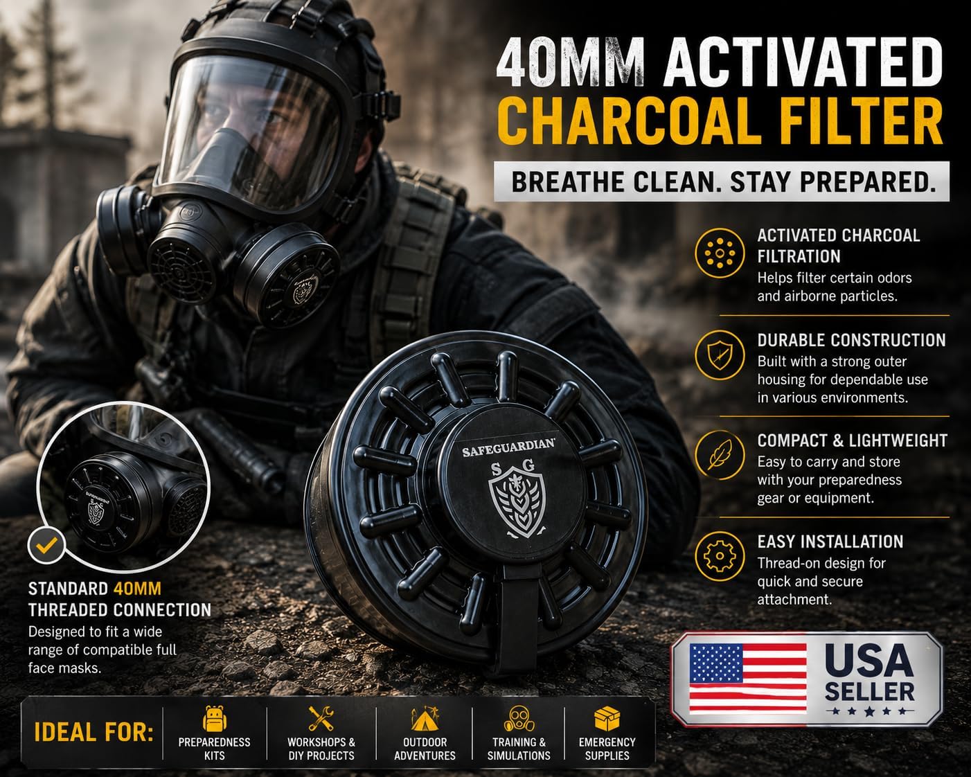 40mm Activated Charcoal Filter Cartridge for Full Face Masks