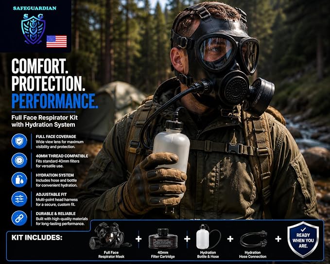 Full Face Respirator Mask with 40mm Filter & Hydration Kit