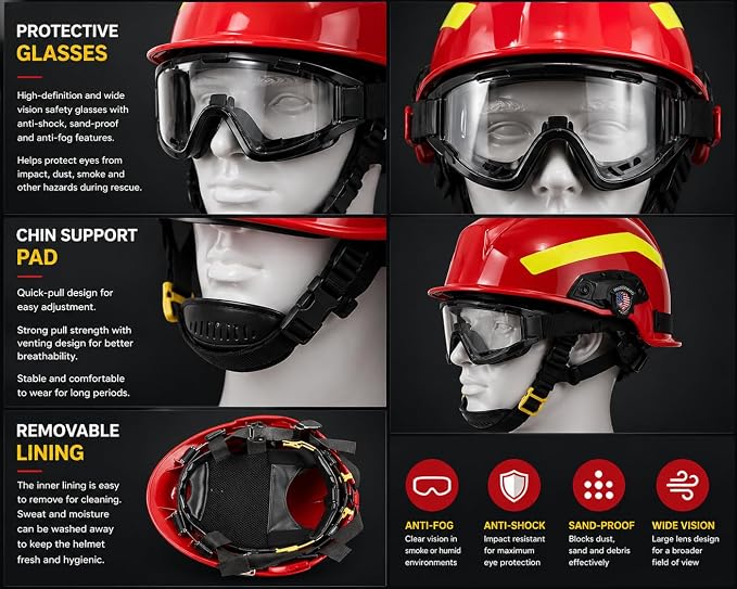 Red Fire Rescue Helmet with Goggles